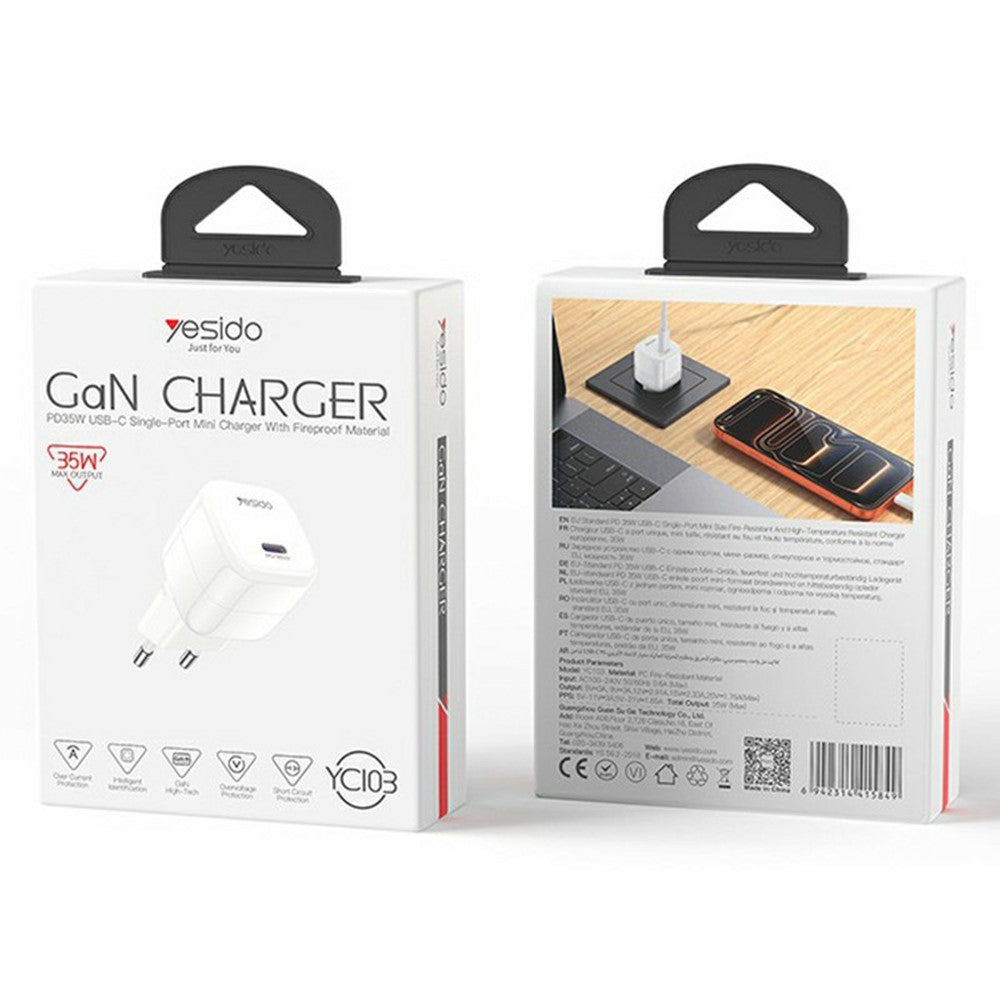 YESIDO YC103 PD 35W GaN Vægoplader USB-C Hurtig Opladning Strømadapter Kompakt Rejse Telefonoplader, EU-stik