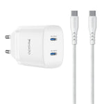 YESIDO YC109 PD 45W Dobbelt USB-C Opladersæt med USB-C Kabel Hurtigopladende Strømadapter, EU Stik