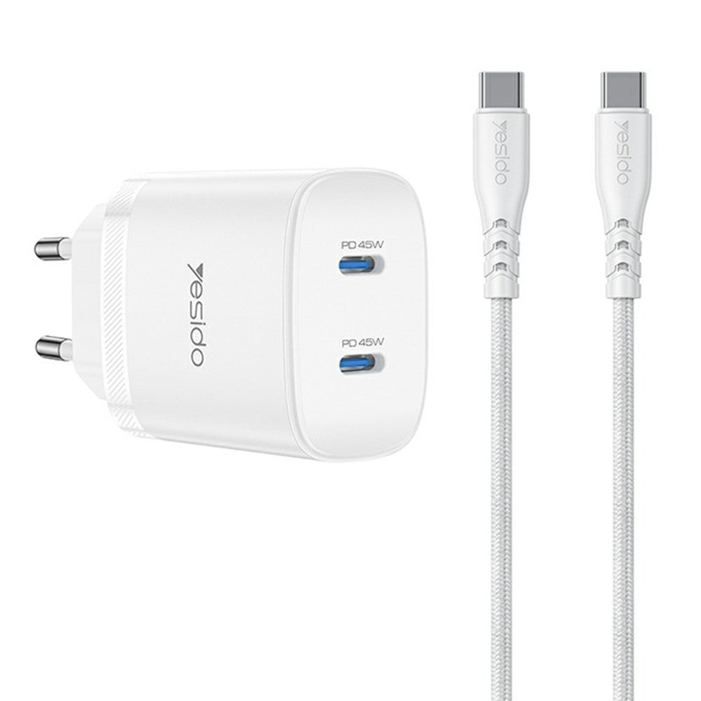 YESIDO YC109 PD 45W Dobbelt USB-C Opladersæt med USB-C Kabel Hurtigopladende Strømadapter, EU Stik