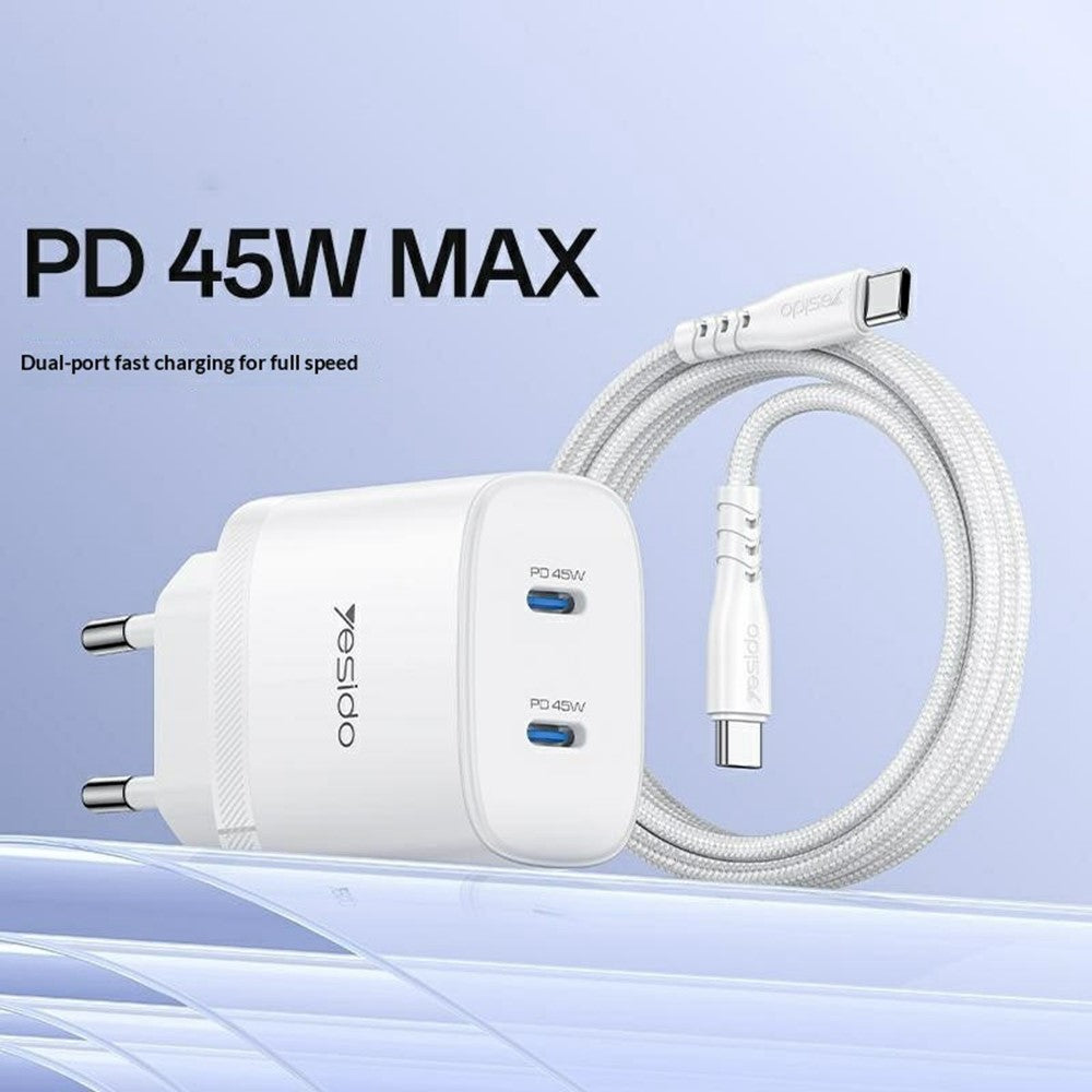YESIDO YC109 PD 45W Dobbelt USB-C Opladersæt med USB-C Kabel Hurtigopladende Strømadapter, EU Stik