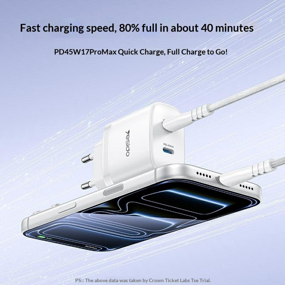 YESIDO YC109 PD 45W Dobbelt USB-C Opladersæt med USB-C Kabel Hurtigopladende Strømadapter, EU Stik