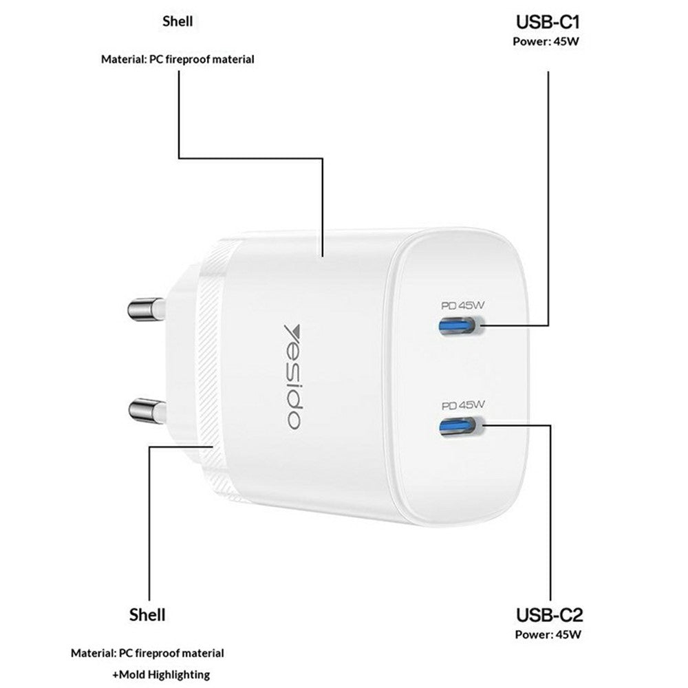 YESIDO YC109 PD 45W Dobbelt USB-C Opladersæt med USB-C Kabel Hurtigopladende Strømadapter, EU Stik