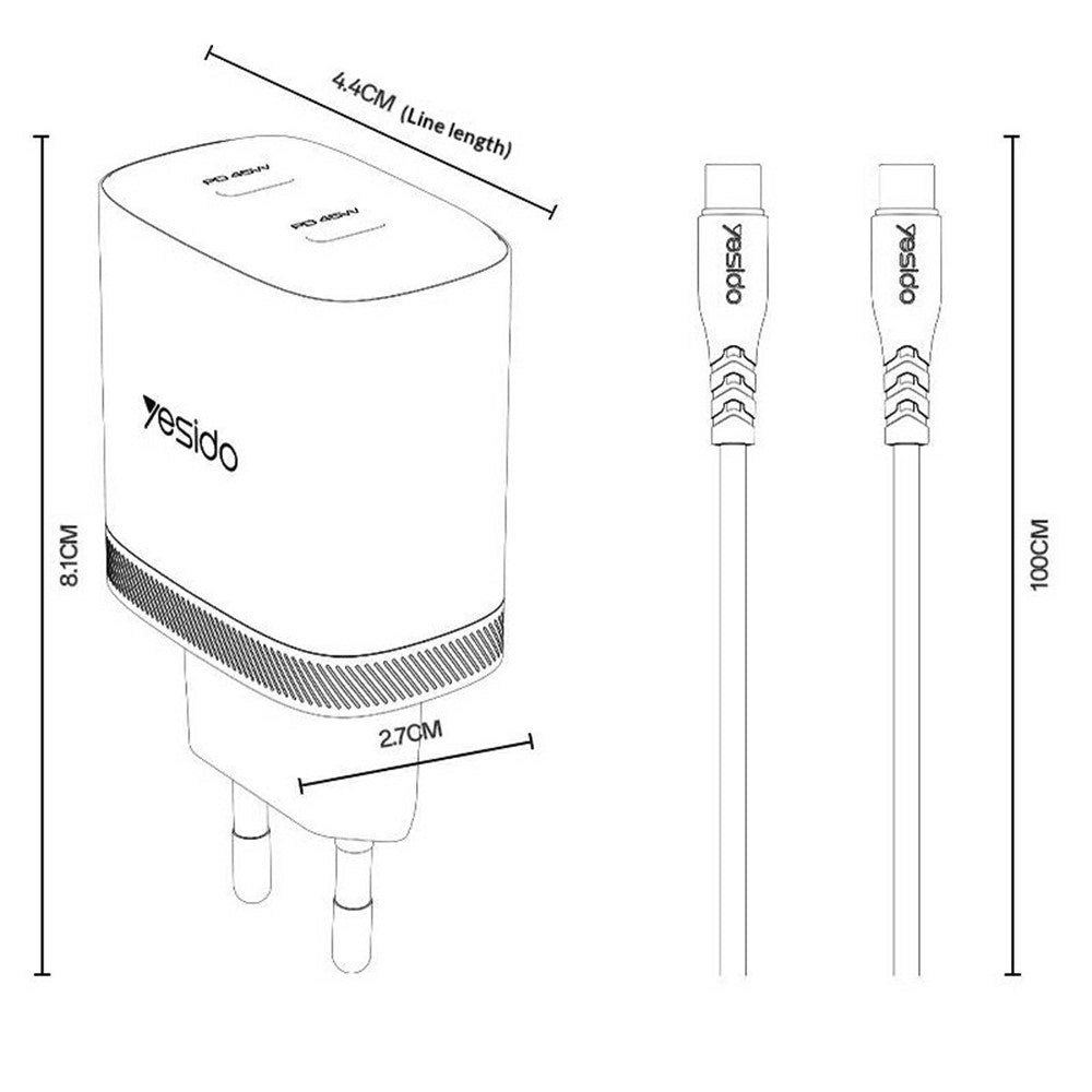 YESIDO YC109 PD 45W Dobbelt USB-C Opladersæt med USB-C Kabel Hurtigopladende Strømadapter, EU Stik