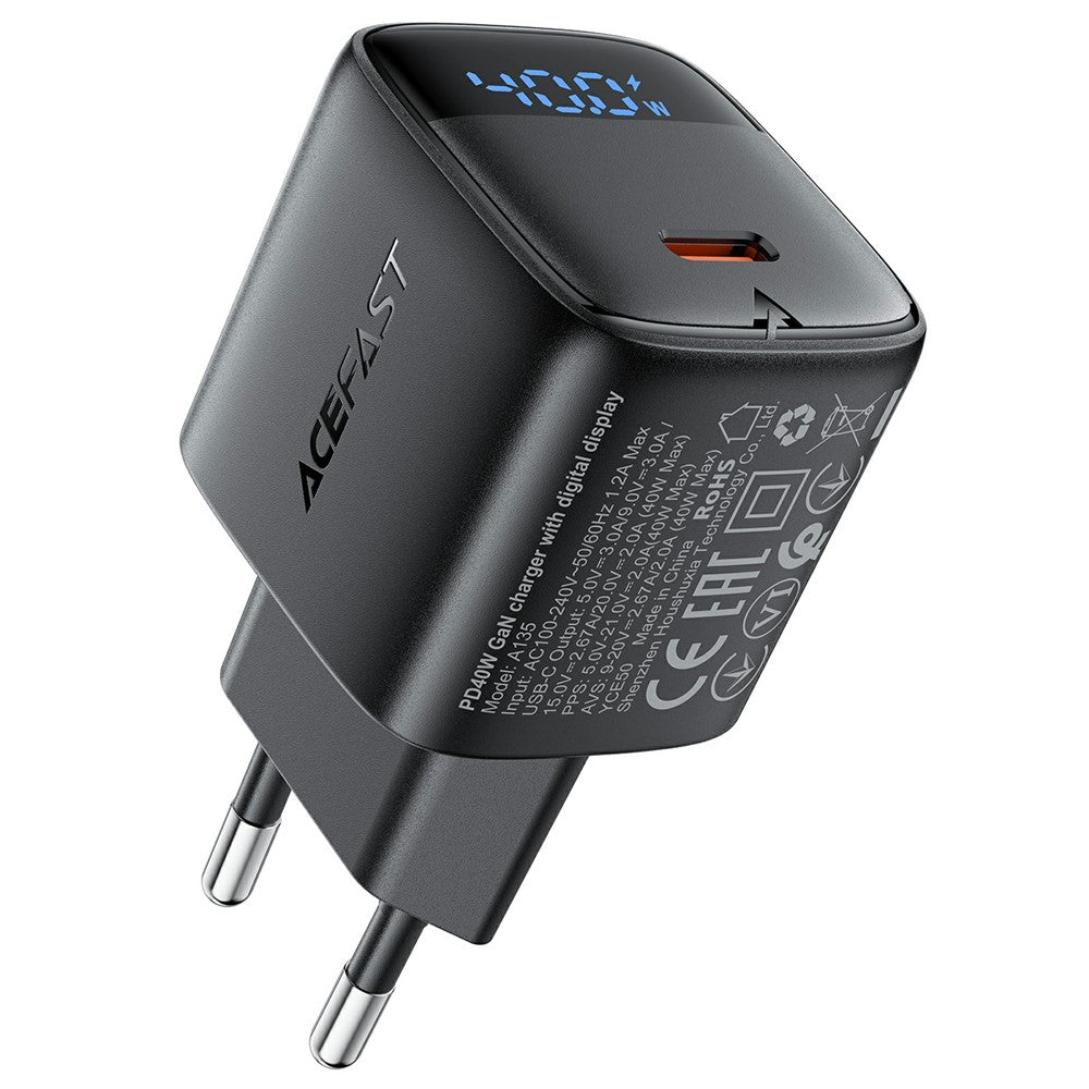 ACEFAST A135 PD 40W GaN-oplader USB-C Hurtigopladende Strømadapter med Digitalt Display til Telefoner/Tablets, EU-stik
