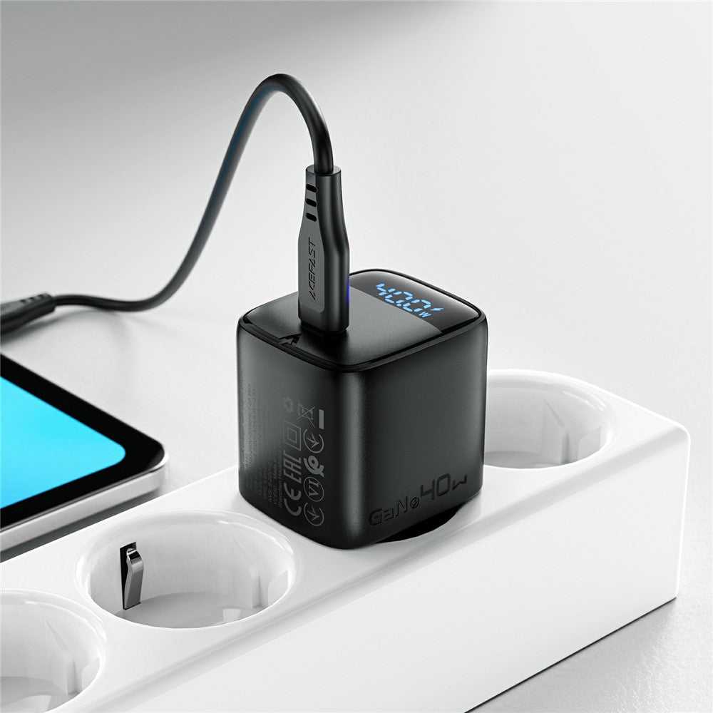 ACEFAST A135 PD 40W GaN-oplader USB-C Hurtigopladende Strømadapter med Digitalt Display til Telefoner/Tablets, EU-stik