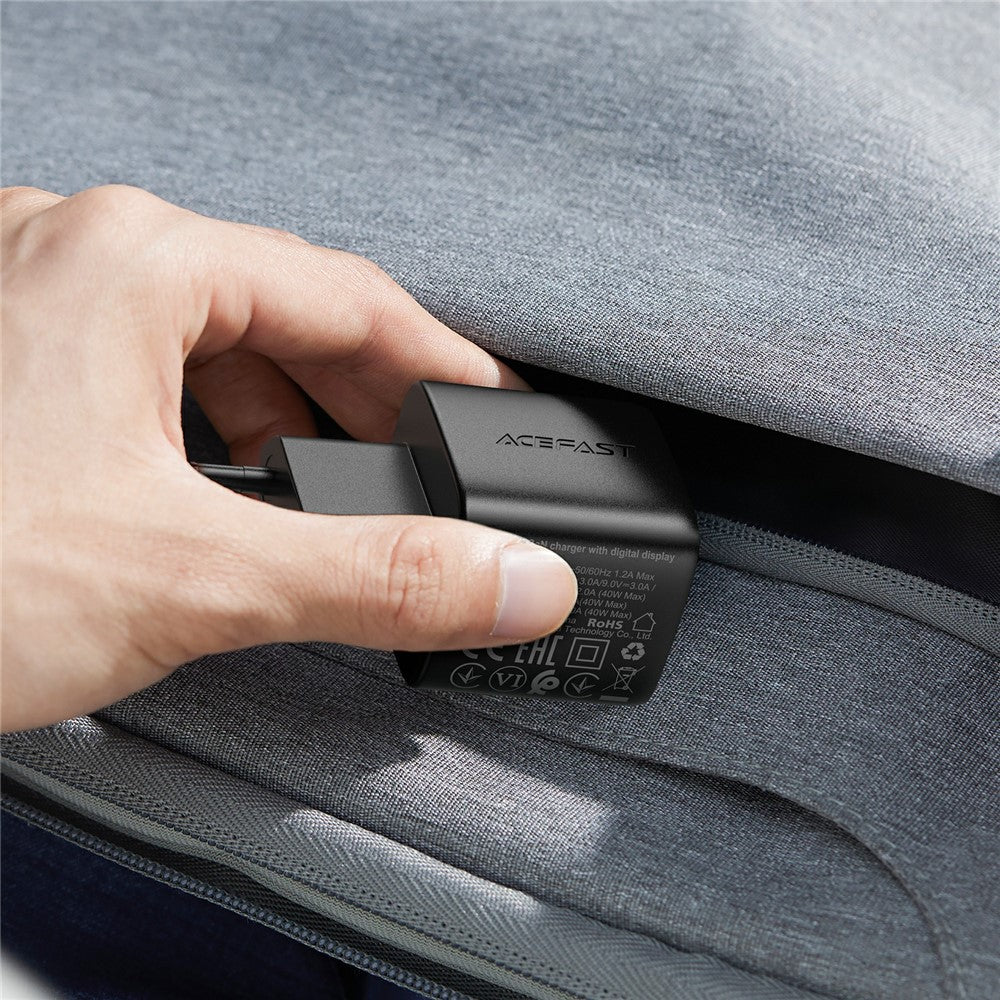 ACEFAST A135 PD 40W GaN-oplader USB-C Hurtigopladende Strømadapter med Digitalt Display til Telefoner/Tablets, EU-stik