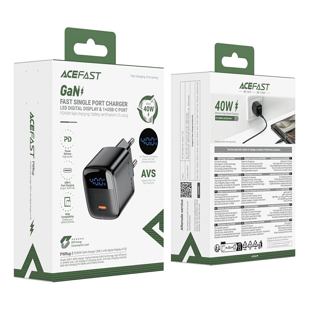 ACEFAST A135 PD 40W GaN-oplader USB-C Hurtigopladende Strømadapter med Digitalt Display til Telefoner/Tablets, EU-stik