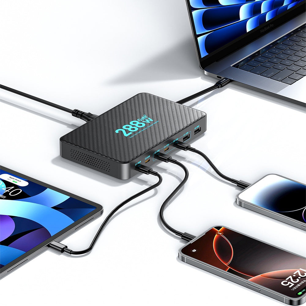 WLX-60A 8-i-1 Multi-Port Desktop Opladningsstation med Udtrækkeligt USB-C Kabel 100W GaN Hurtigoplader til Telefoner/Laptops