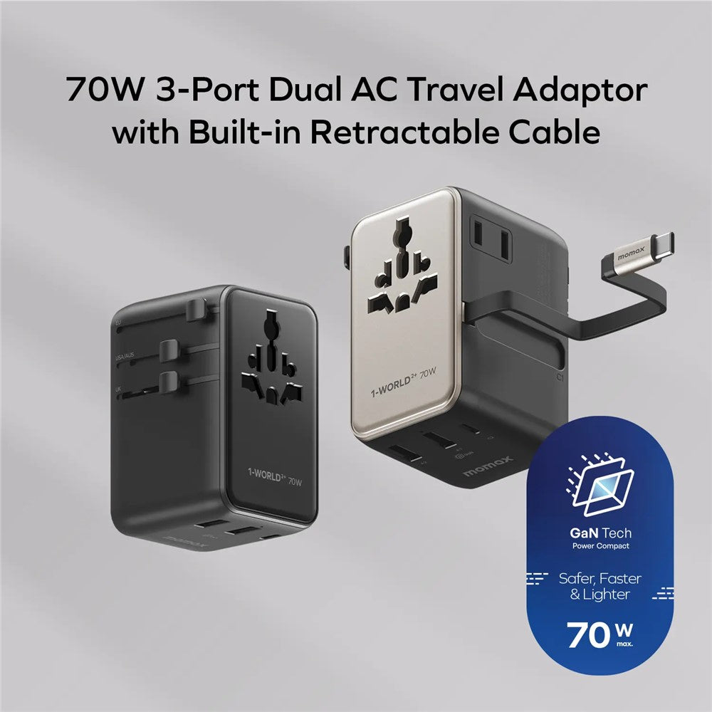 MOMAX UA30 1-World2+ Dual AC Universal Travel Adapter GaN 70W International Power Adapter Built-in Retractable Cable