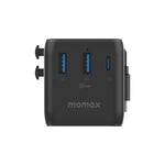 MOMAX UA30 1-World2+ Dual AC Universal Travel Adapter GaN 70W International Power Adapter Built-in Retractable Cable
