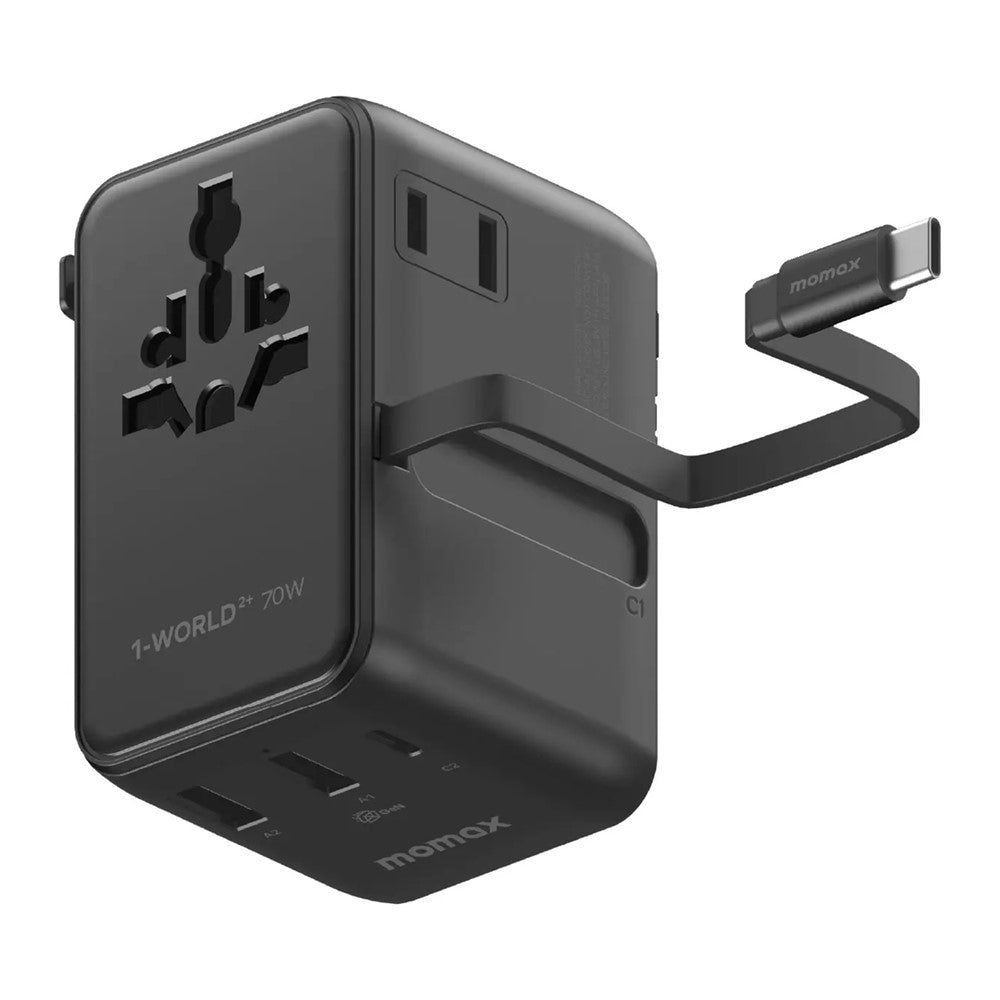 MOMAX UA30 1-World2+ Dual AC Universal Travel Adapter GaN 70W International Power Adapter Built-in Retractable Cable