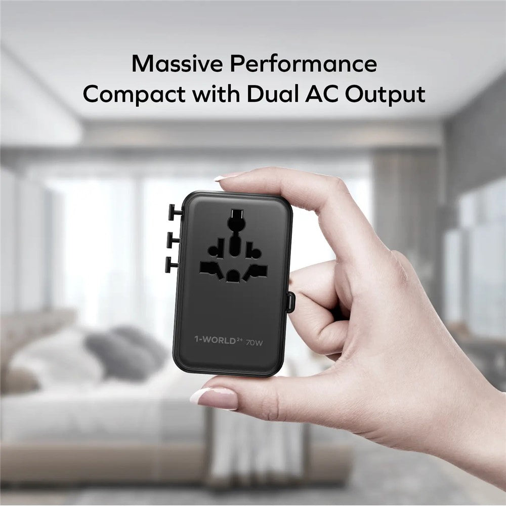MOMAX UA30 1-World2+ Dual AC Universal Travel Adapter GaN 70W International Power Adapter Built-in Retractable Cable