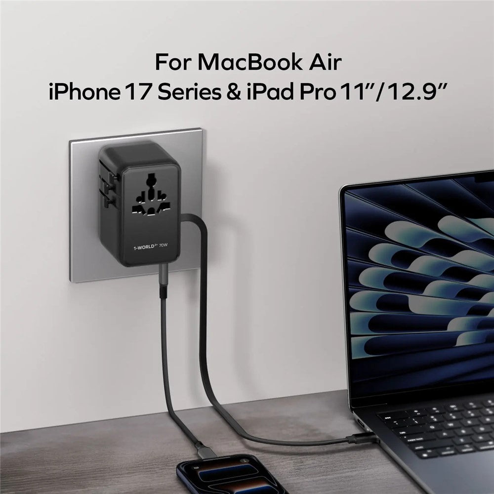 MOMAX UA30 1-World2+ Dual AC Universal Travel Adapter GaN 70W International Power Adapter Built-in Retractable Cable