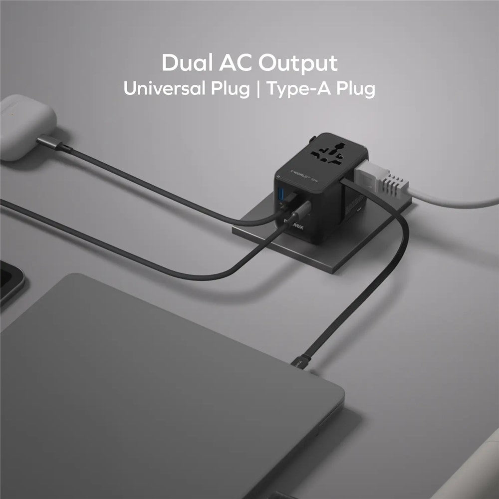 MOMAX UA30 1-World2+ Dual AC Universal Travel Adapter GaN 70W International Power Adapter Built-in Retractable Cable