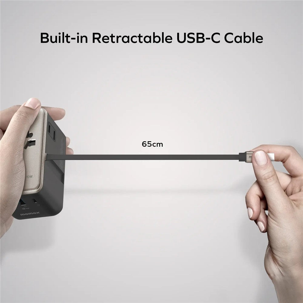 MOMAX UA30 1-World2+ Dual AC Universal Travel Adapter GaN 70W International Power Adapter Built-in Retractable Cable