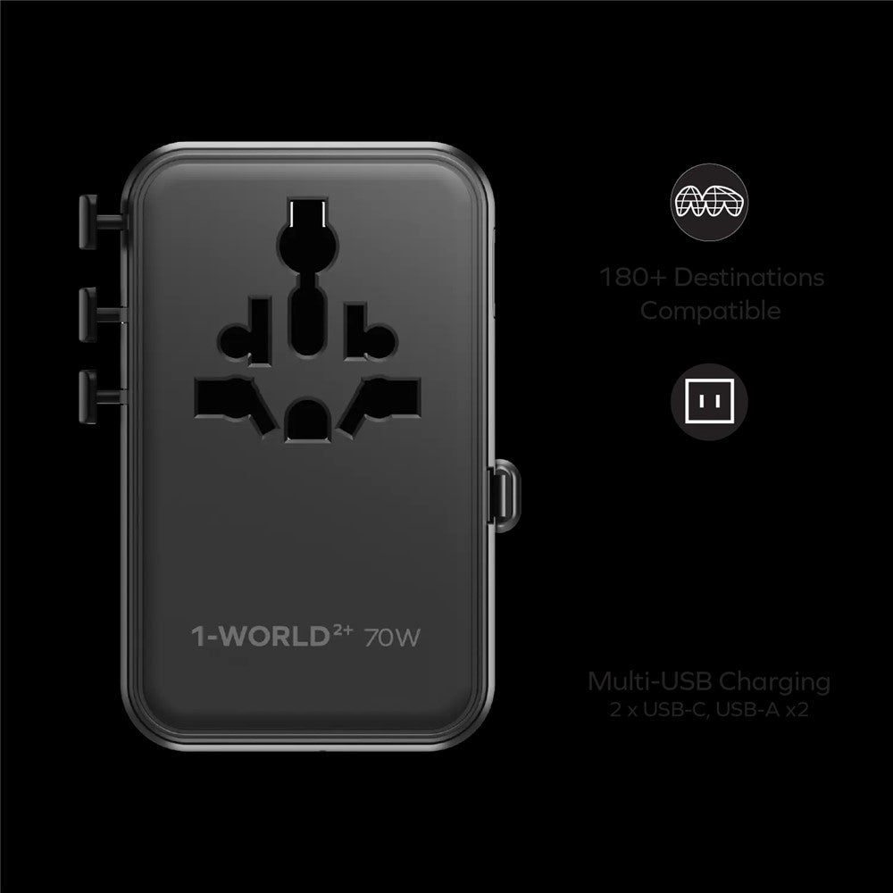 MOMAX UA30 1-World2+ Dual AC Universal Travel Adapter GaN 70W International Power Adapter Built-in Retractable Cable