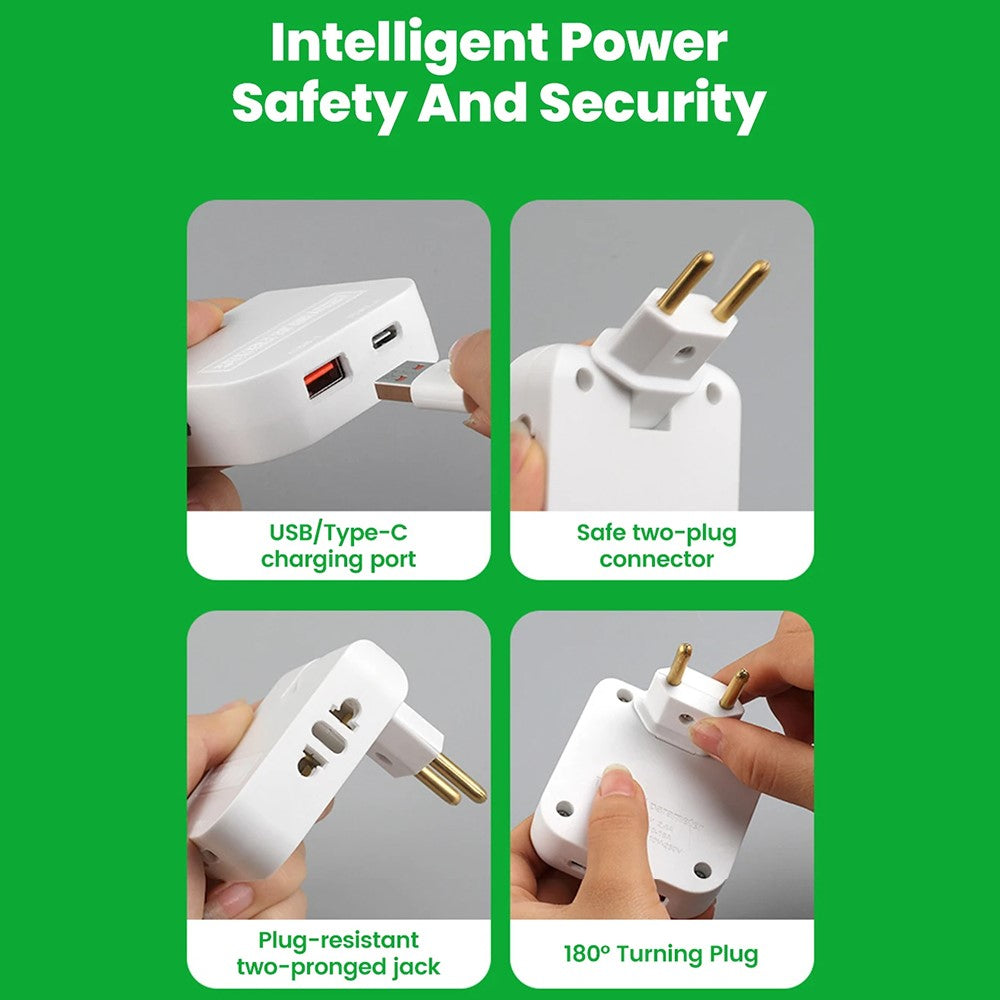 4 in 1 Power Adapter with USB-A + USB-C + 2 AC Outlets 180 Degree Rotatable EU Plug 2500W Travel Converter