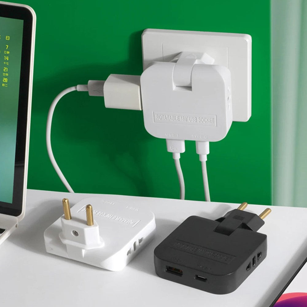 4 in 1 Power Adapter with USB-A + USB-C + 2 AC Outlets 180 Degree Rotatable EU Plug 2500W Travel Converter