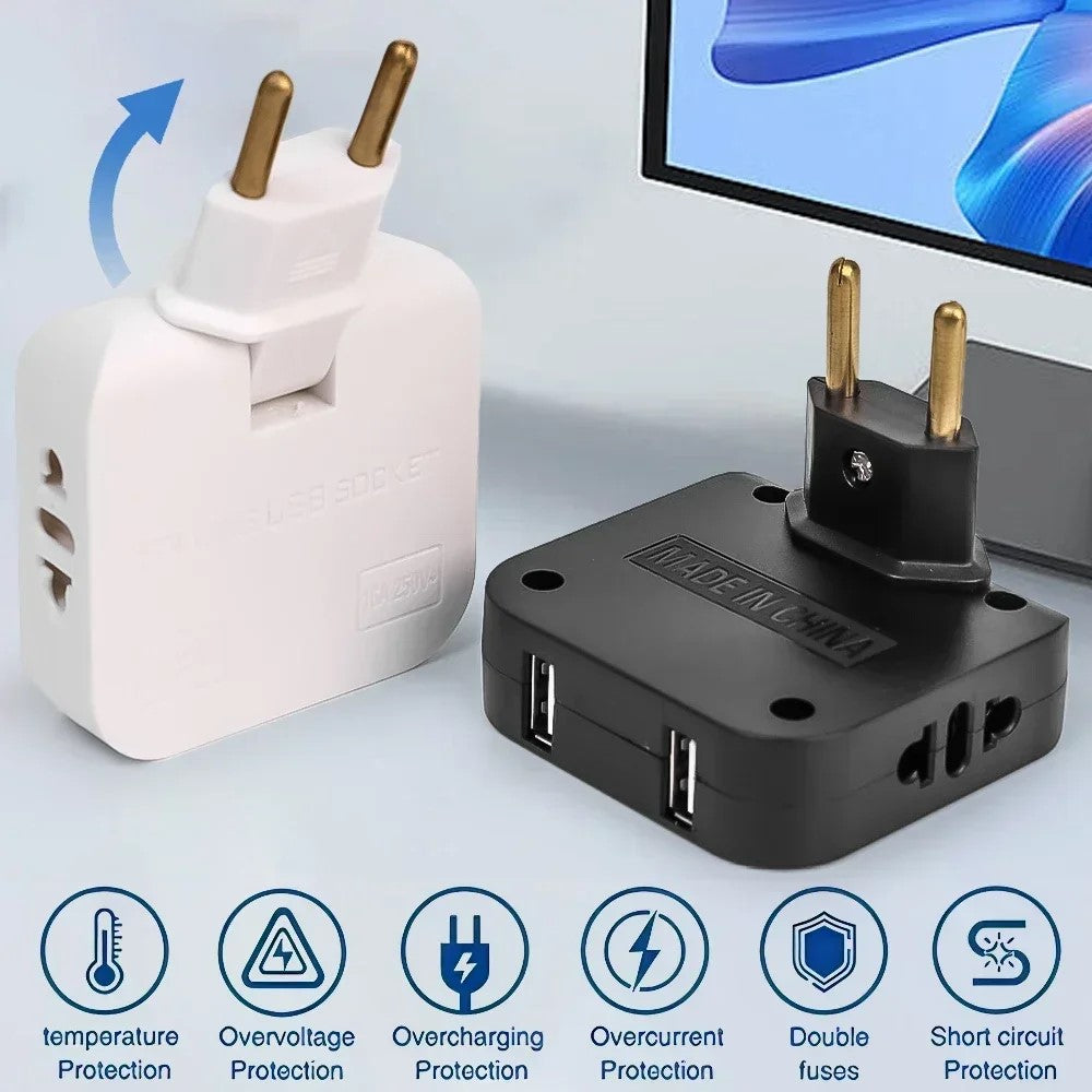 4 in 1 Power Adapter with 2 USB-A + 2 AC Outlets 180 Degree Rotatable EU Plug 2500W Travel Converter