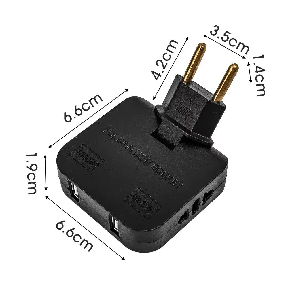 4 in 1 Power Adapter with 2 USB-A + 2 AC Outlets 180 Degree Rotatable EU Plug 2500W Travel Converter