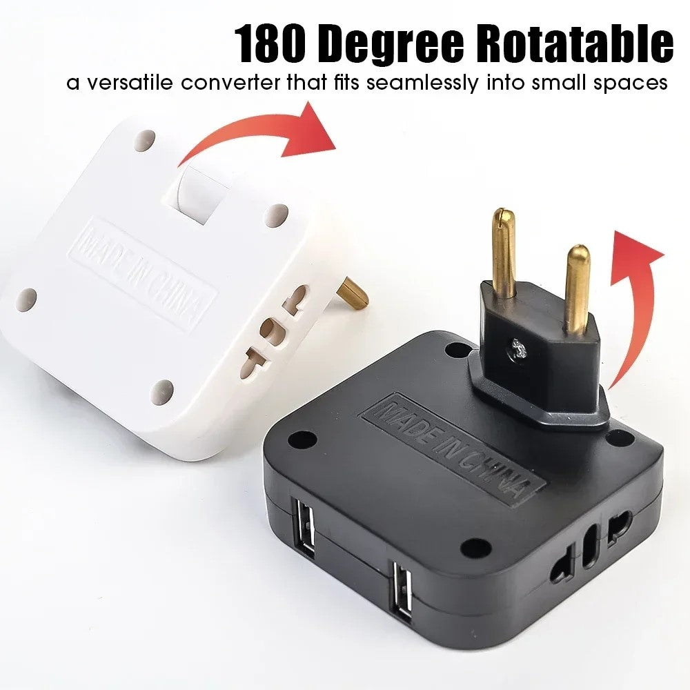 4 in 1 Power Adapter with 2 USB-A + 2 AC Outlets 180 Degree Rotatable EU Plug 2500W Travel Converter