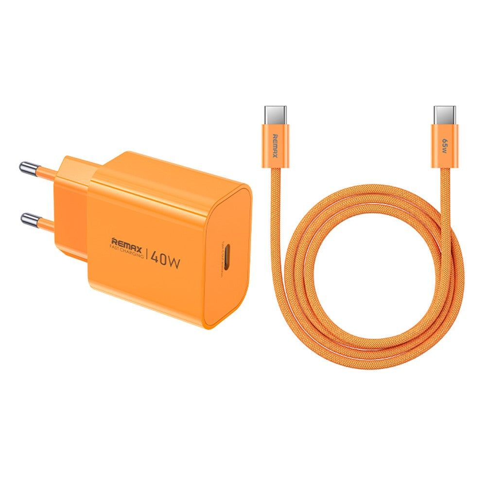 REMAX CA10(C40W) GaN-opladerkit 40W USB-C PD-adapter + 65W USB-C til USB-C kabel EU-stik Hurtigopladersæt