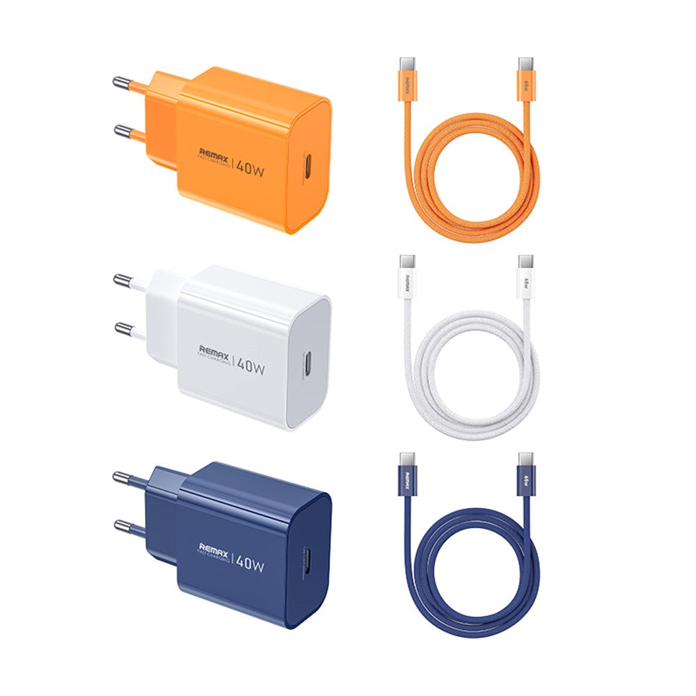 REMAX CA10(C40W) GaN Charger Kit 40W USB-C PD Adapter + 65W USB-C to USB-C Cable EU Plug Fast Charging Set