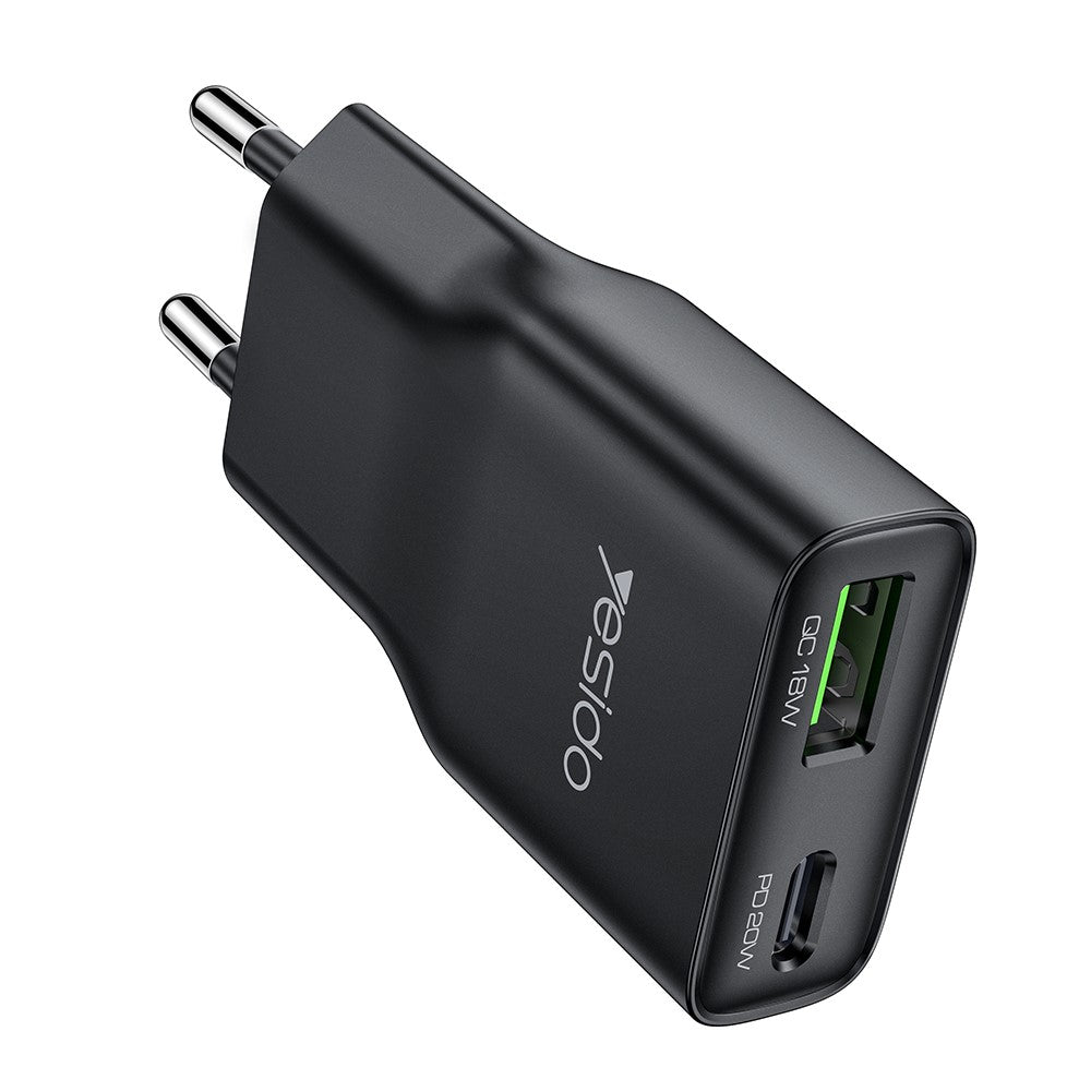 YESIDO YC112 Ultra Thin 20W Fast Charging Adapter USB + Type-C Dual Port Wall Charger, EU Plug
