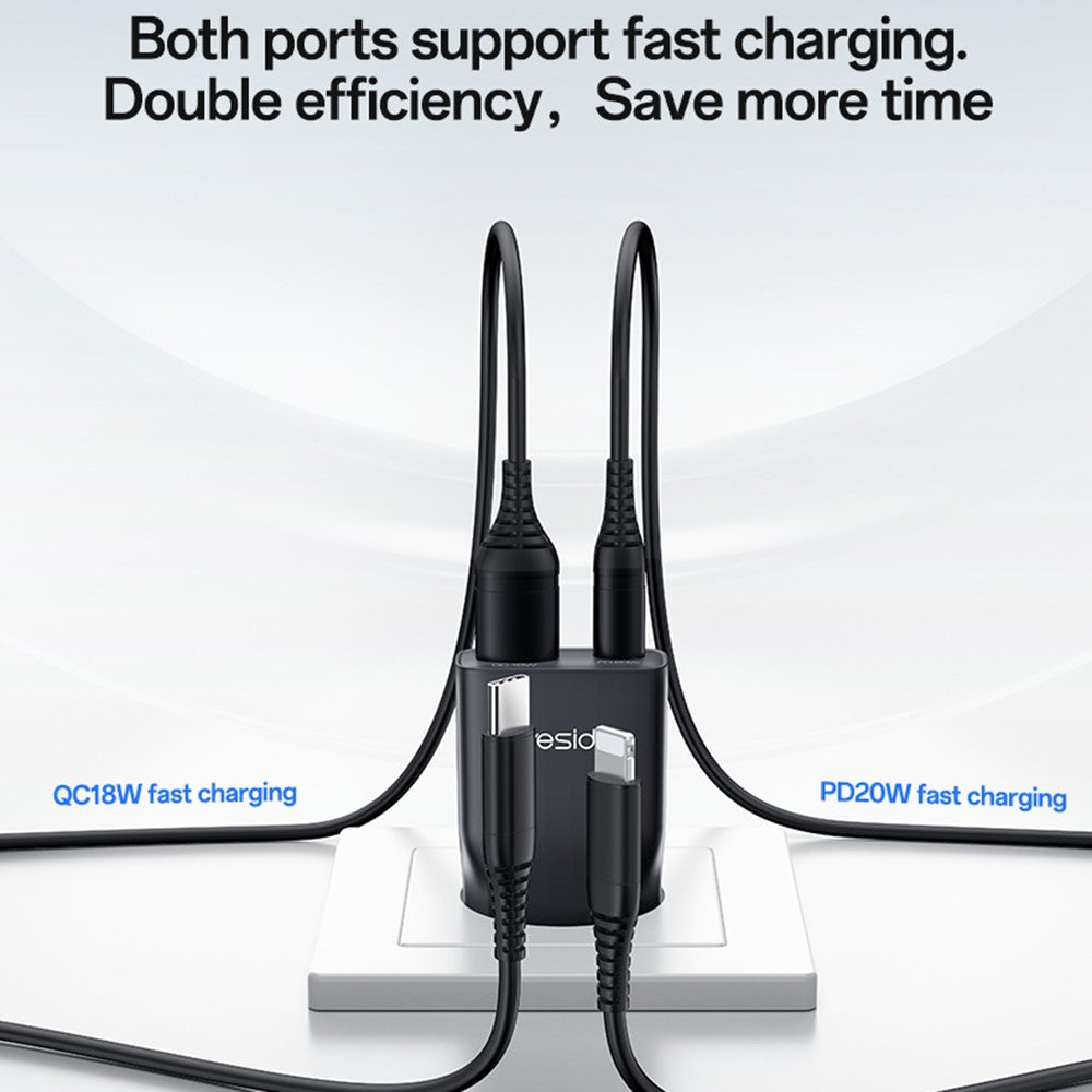 YESIDO YC112 Ultra Thin 20W Fast Charging Adapter USB + Type-C Dual Port Wall Charger, EU Plug