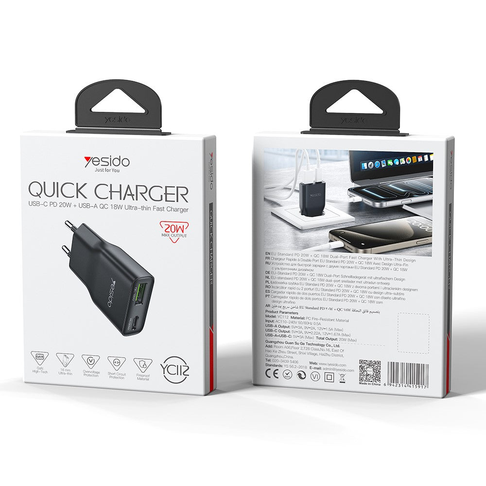 YESIDO YC112 Ultra Thin 20W Fast Charging Adapter USB + Type-C Dual Port Wall Charger, EU Plug
