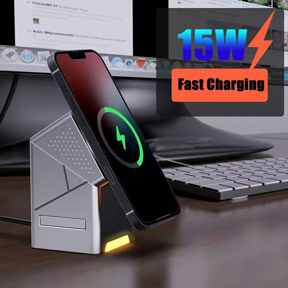 R28 3-i-1 Qi2 15W Trådløs Oplader Roterende Magnetisk Opladestation Bordtelefonholder til Telefon Ur Høretelefoner