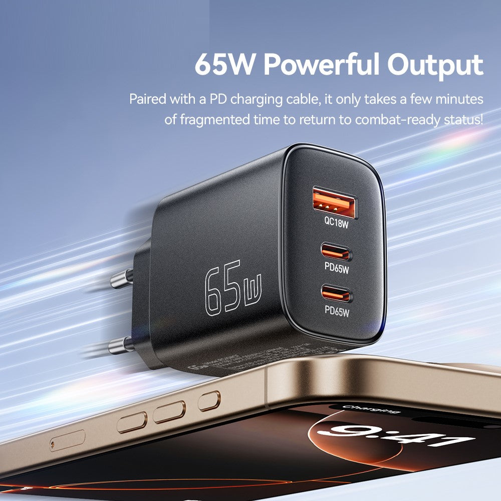 ESSAGER 65W Fast Charging Adapter USB-A + 2 USB-C Travel GaN Charger for Laptop Phone