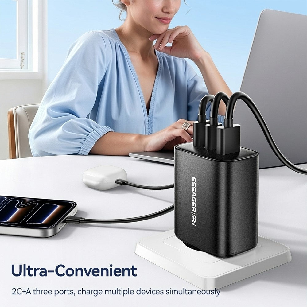 ESSAGER 65W Fast Charging Adapter USB-A + 2 USB-C Travel GaN Charger for Laptop Phone