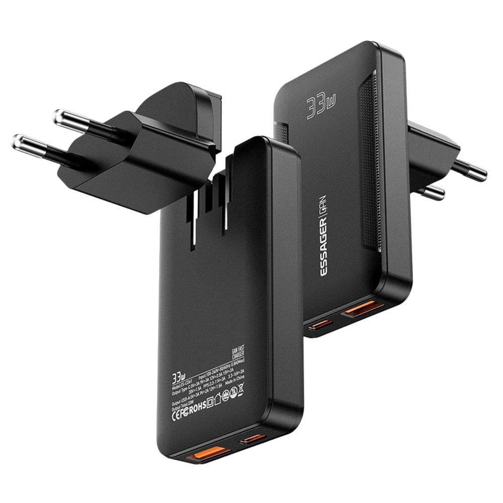 ESSAGER 33W GaN Travel Charger Type-C + USB-A Dual Port Ultra Slim Fast Charging Adapter