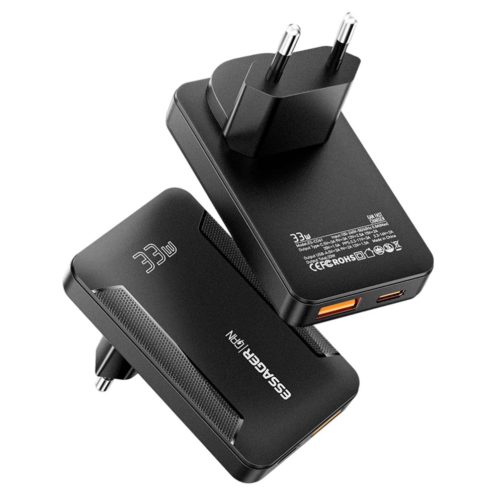 ESSAGER 33W GaN Travel Charger Type-C + USB-A Dual Port Ultra Slim Fast Charging Adapter