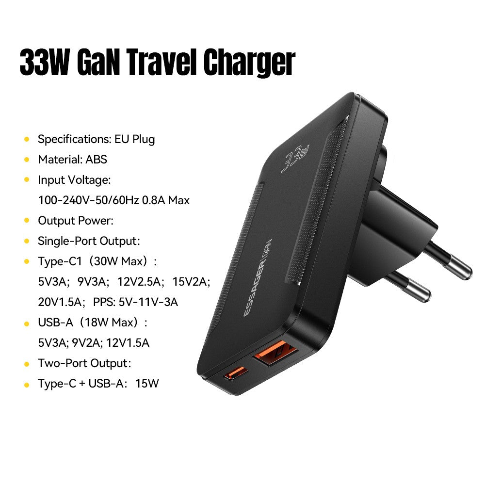 ESSAGER 33W GaN Travel Charger Type-C + USB-A Dual Port Ultra Slim Fast Charging Adapter