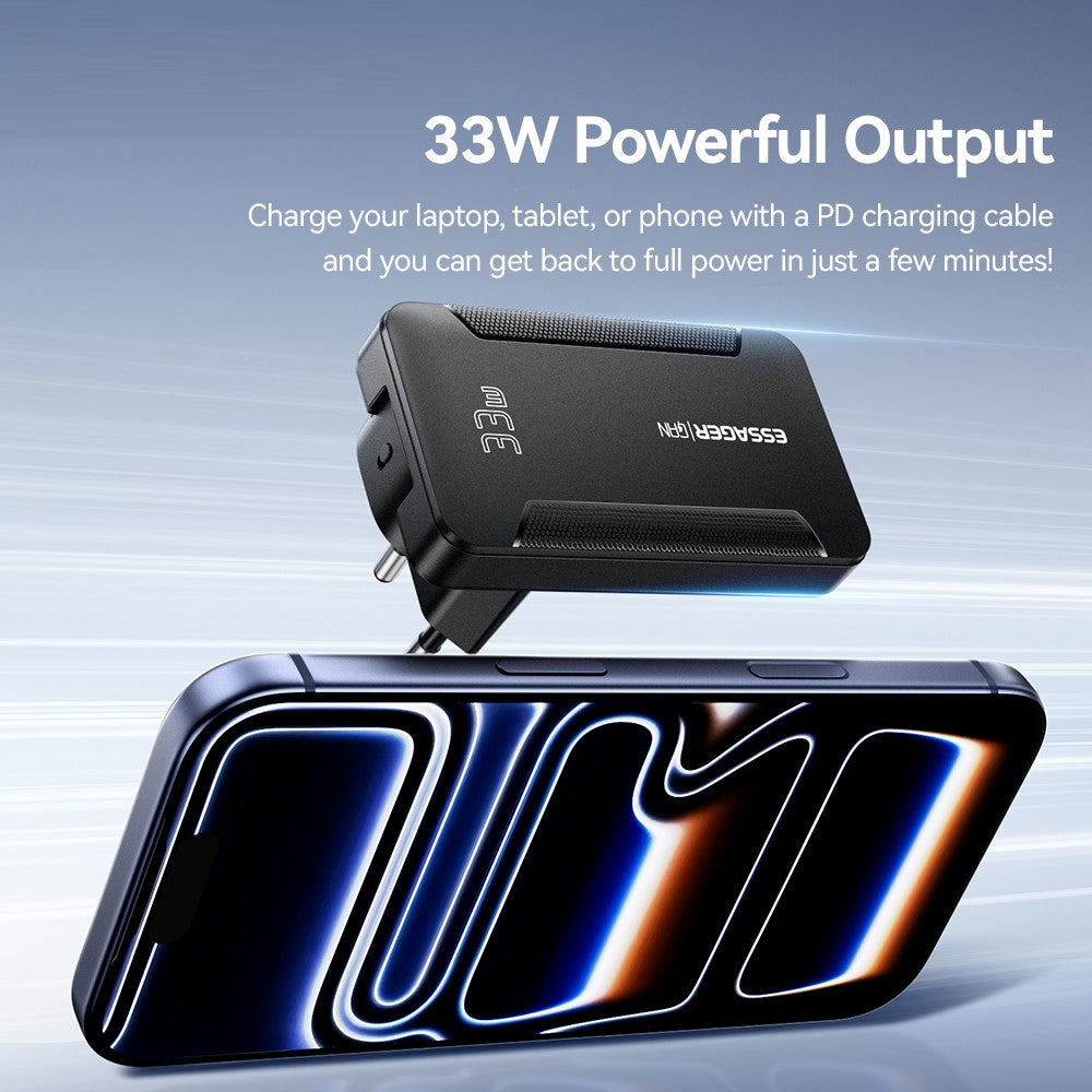 ESSAGER 33W GaN Travel Charger Type-C + USB-A Dual Port Ultra Slim Fast Charging Adapter