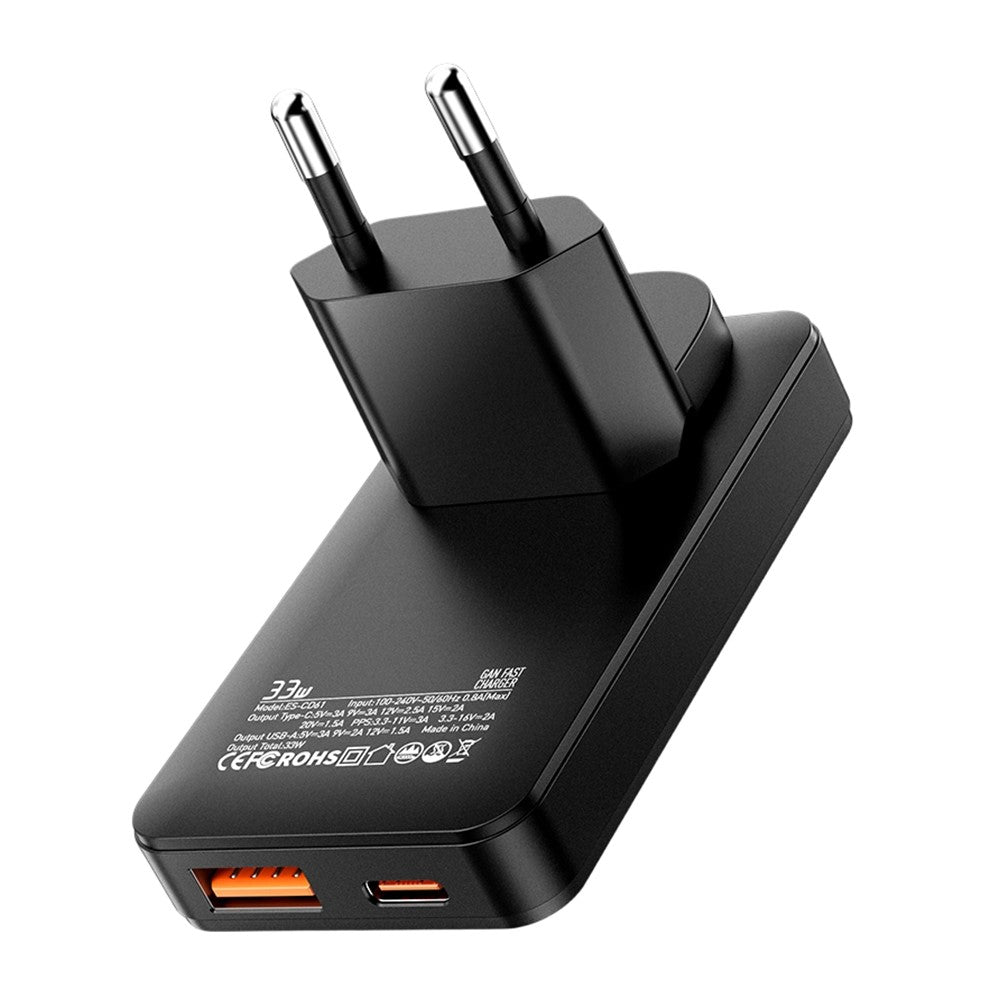 ESSAGER 33W GaN Travel Charger Type-C + USB-A Dual Port Ultra Slim Fast Charging Adapter