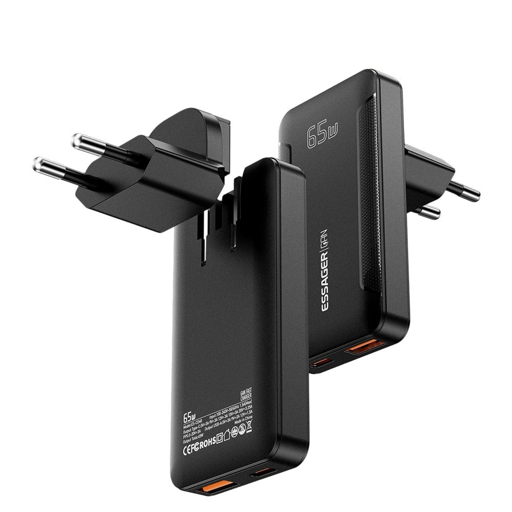 ESSAGER 65W GaN Ultra Thin Travel Charger USB-C + USB-A Fast Charging Adapter for MacBook iPhone iPad