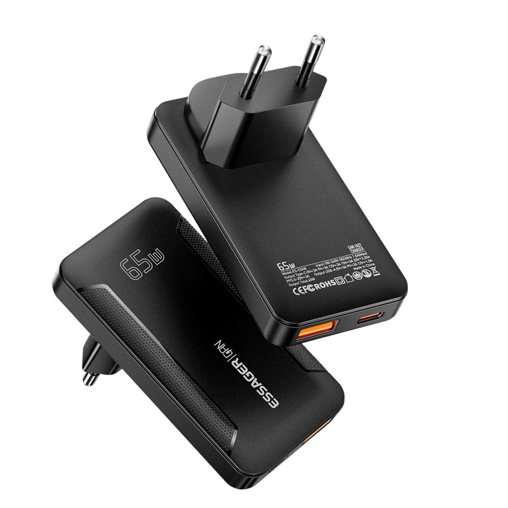 ESSAGER 65W GaN Ultra Thin Travel Charger USB-C + USB-A Fast Charging Adapter for MacBook iPhone iPad