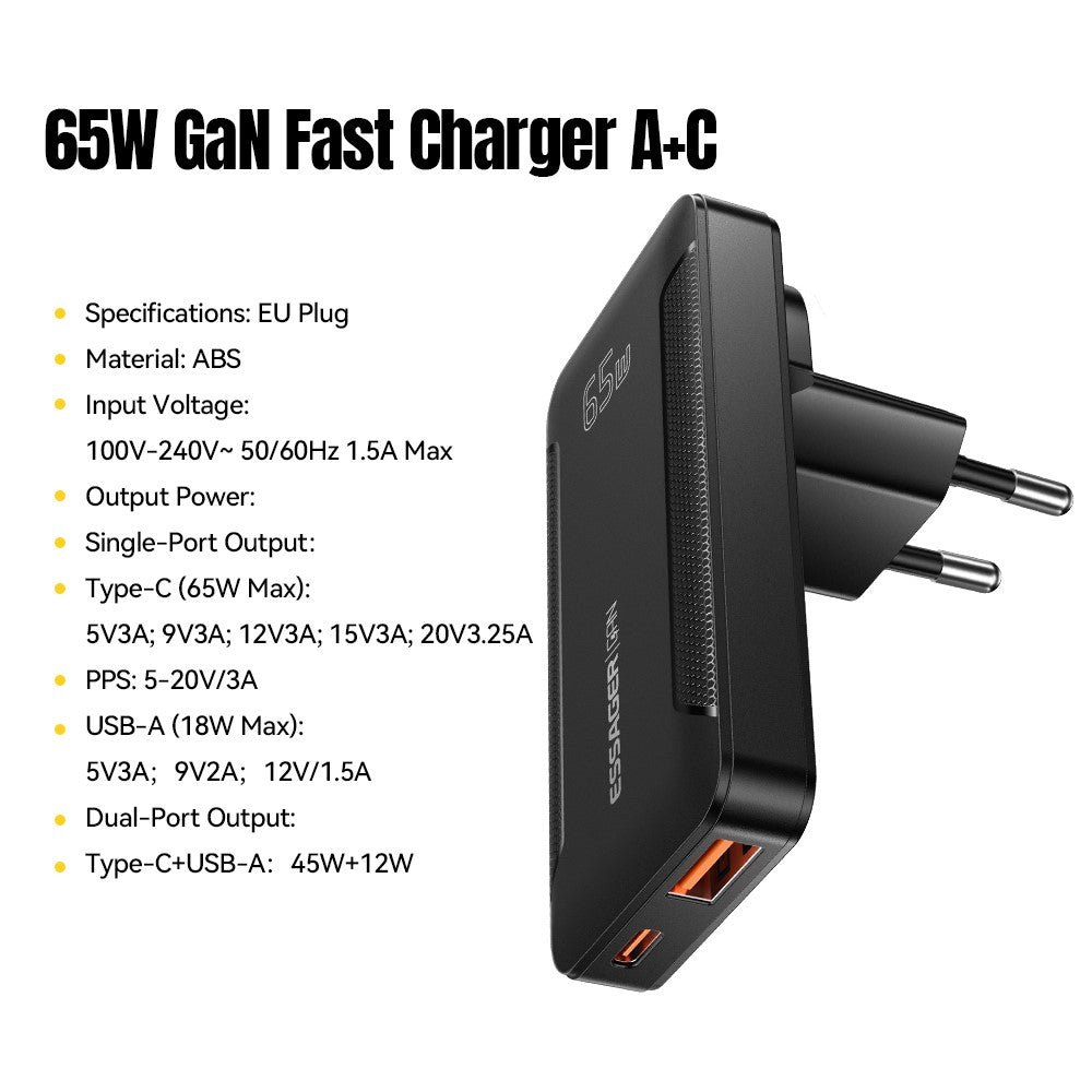 ESSAGER 65W GaN Ultra Thin Travel Charger USB-C + USB-A Fast Charging Adapter for MacBook iPhone iPad