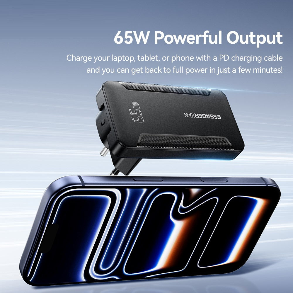 ESSAGER 65W GaN Ultra Thin Travel Charger USB-C + USB-A Fast Charging Adapter for MacBook iPhone iPad