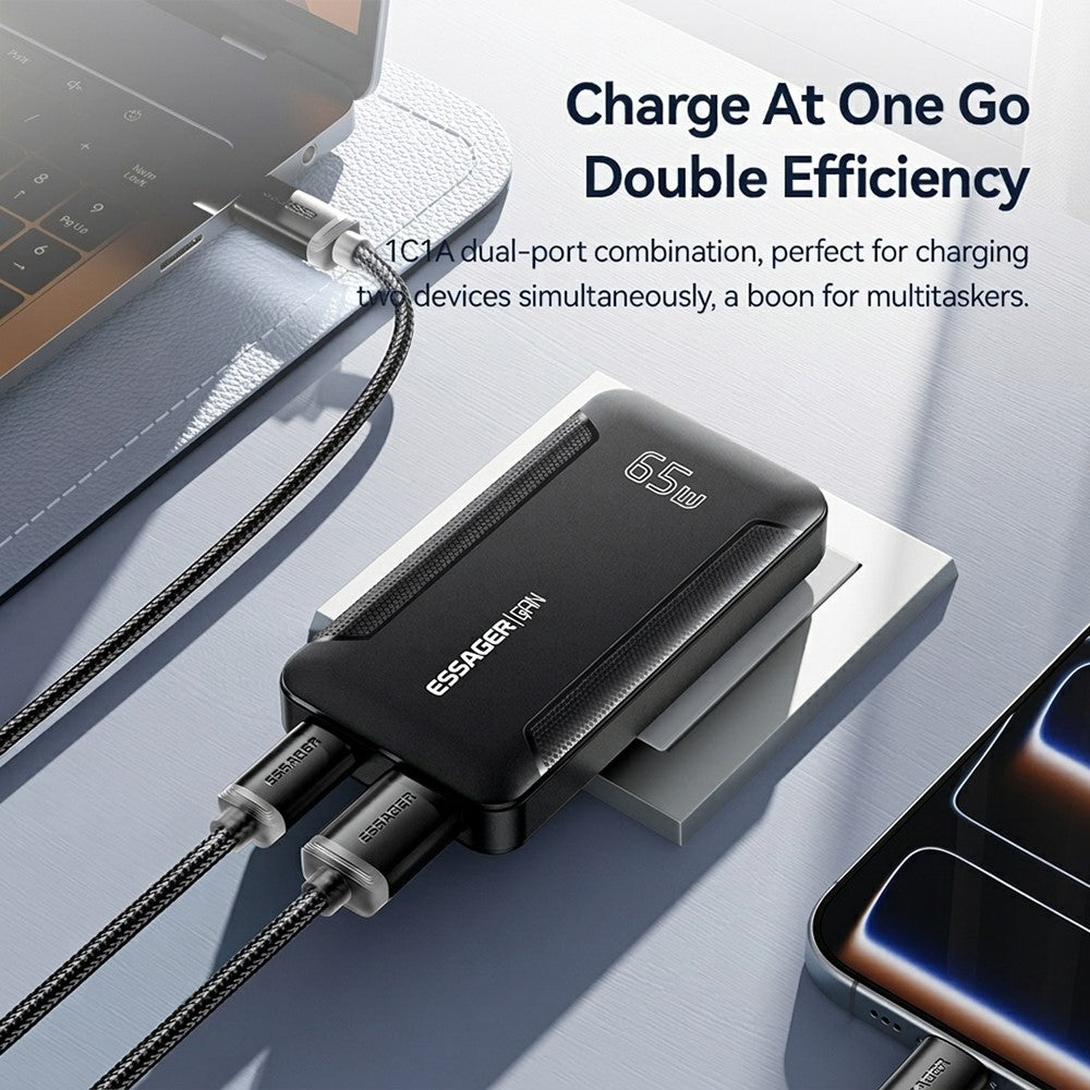ESSAGER 65W GaN Ultra Thin Travel Charger USB-C + USB-A Fast Charging Adapter for MacBook iPhone iPad