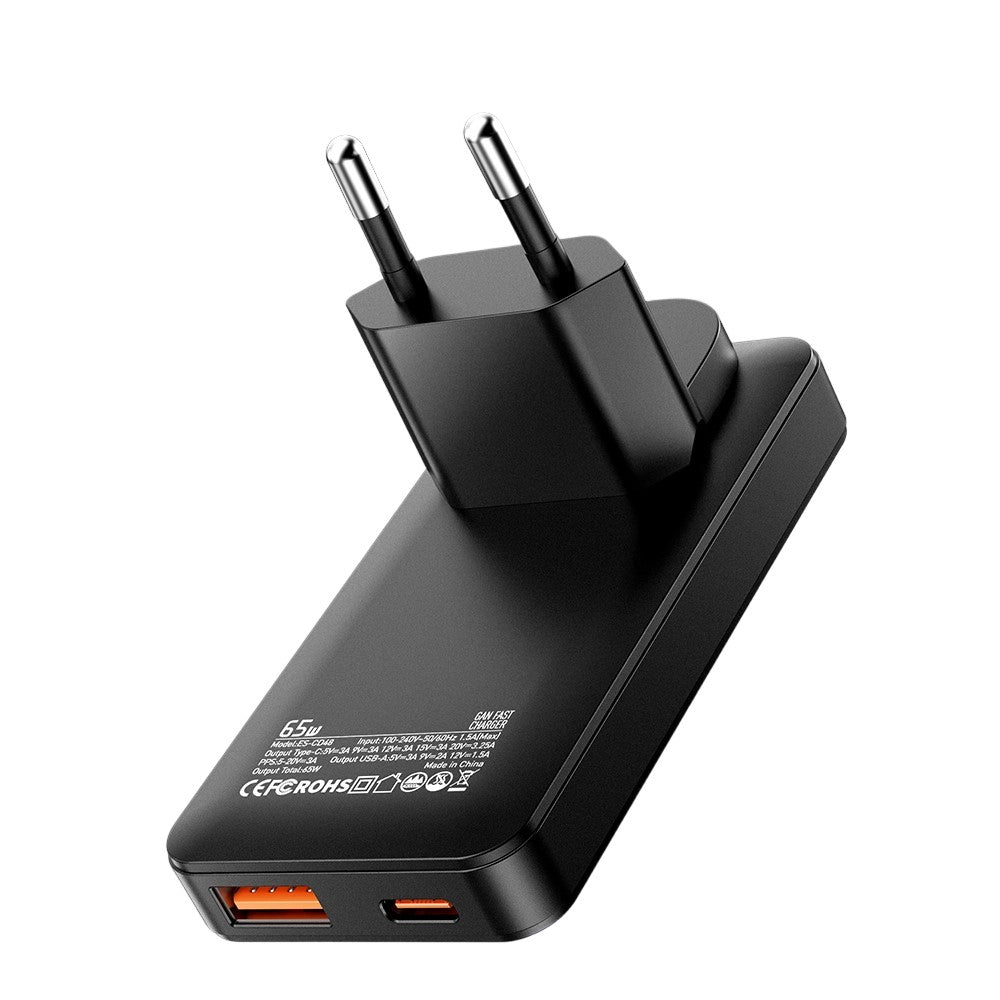 ESSAGER 65W GaN Ultra Thin Travel Charger USB-C + USB-A Fast Charging Adapter for MacBook iPhone iPad