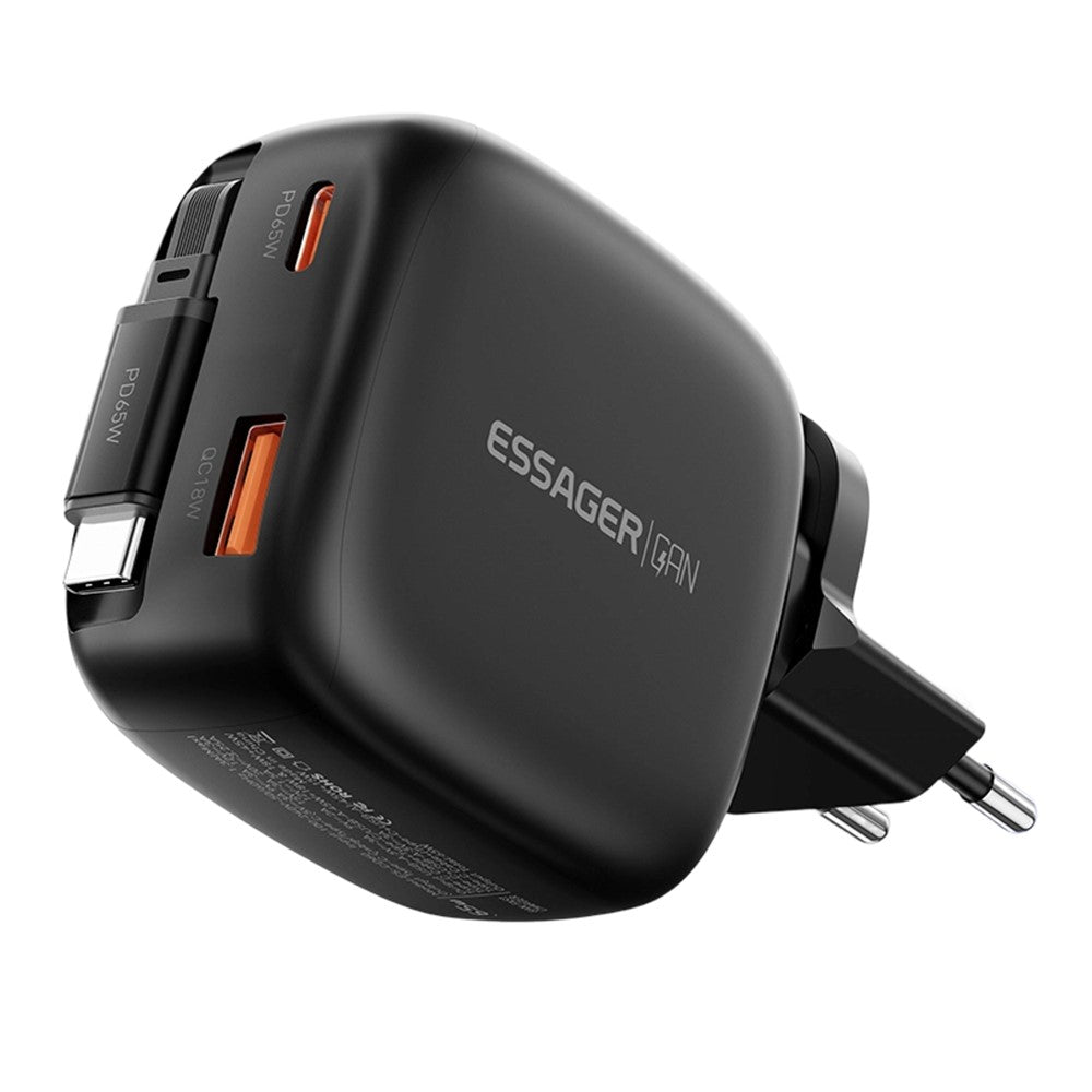 ESSAGER 65W Fast Charging GaN Travel Charger Type-C + USB-A Power Adapter with Retractable Cable