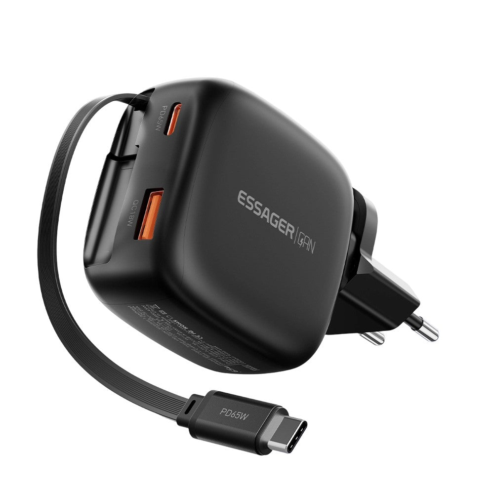 ESSAGER 65W Fast Charging GaN Travel Charger Type-C + USB-A Power Adapter with Retractable Cable