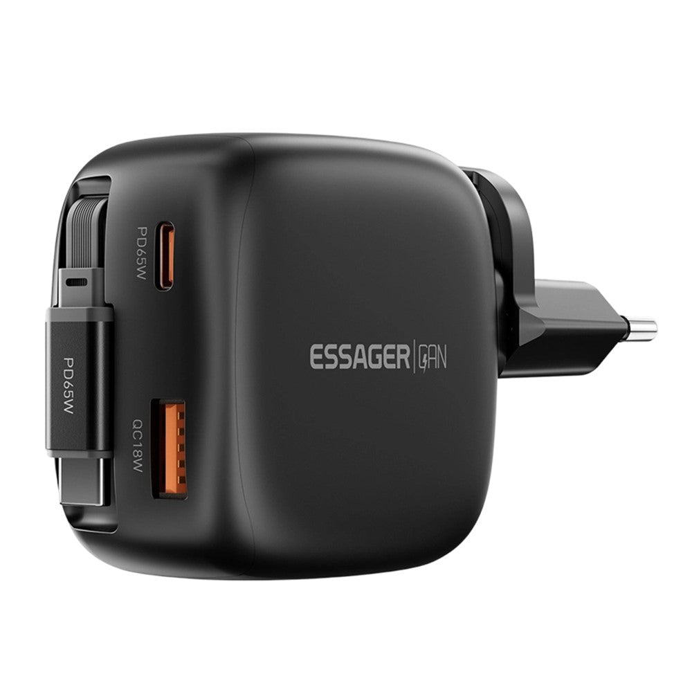 ESSAGER 65W Fast Charging GaN Travel Charger Type-C + USB-A Power Adapter with Retractable Cable