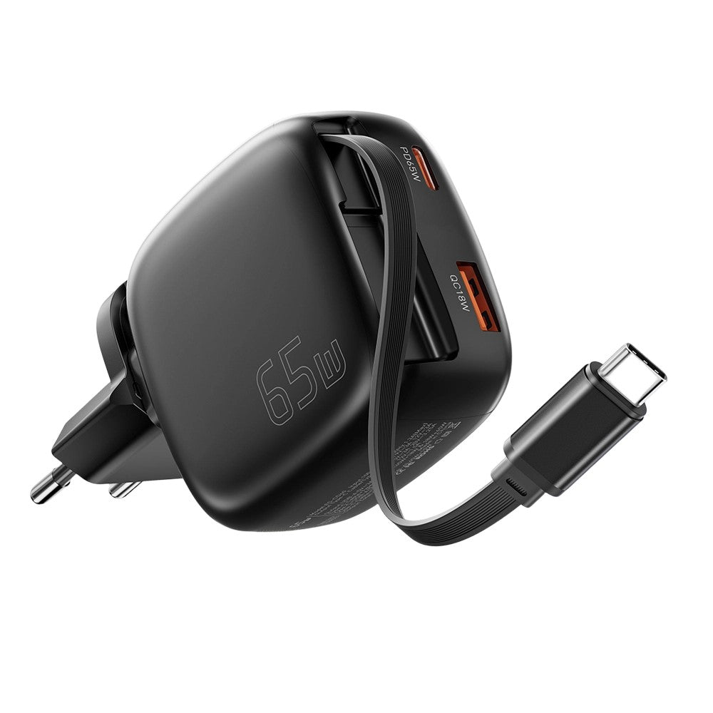 ESSAGER 65W Fast Charging GaN Travel Charger Type-C + USB-A Power Adapter with Retractable Cable