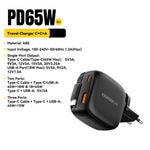 ESSAGER 65W Fast Charging GaN Travel Charger Type-C + USB-A Power Adapter with Retractable Cable