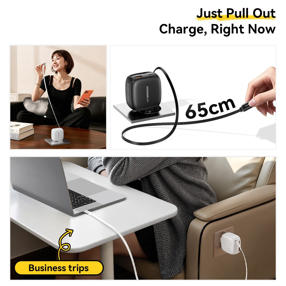 ESSAGER 65W Fast Charging GaN Travel Charger Type-C + USB-A Power Adapter with Retractable Cable